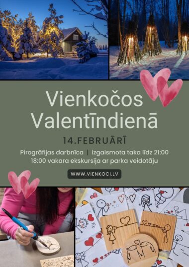 In Vienkoči on Valentine’s Day, February 14: pyrography (wood-burning) workshop, illuminated trail until 21:00, and an 18:00 evening tour with the park’s creator.